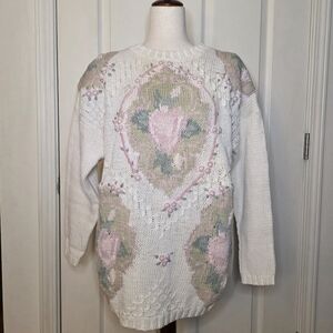 Vintage NWT Deadstock Malarkey Handknit White & Pink Floral Rose Sweater